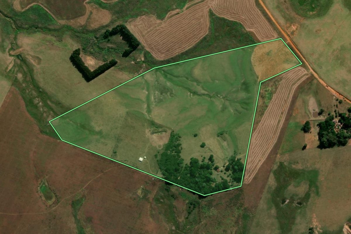 Imagem de satélite do imóvel rural em São Gabriel (RS), com o contorno declarado no CAR desenhado por cima.