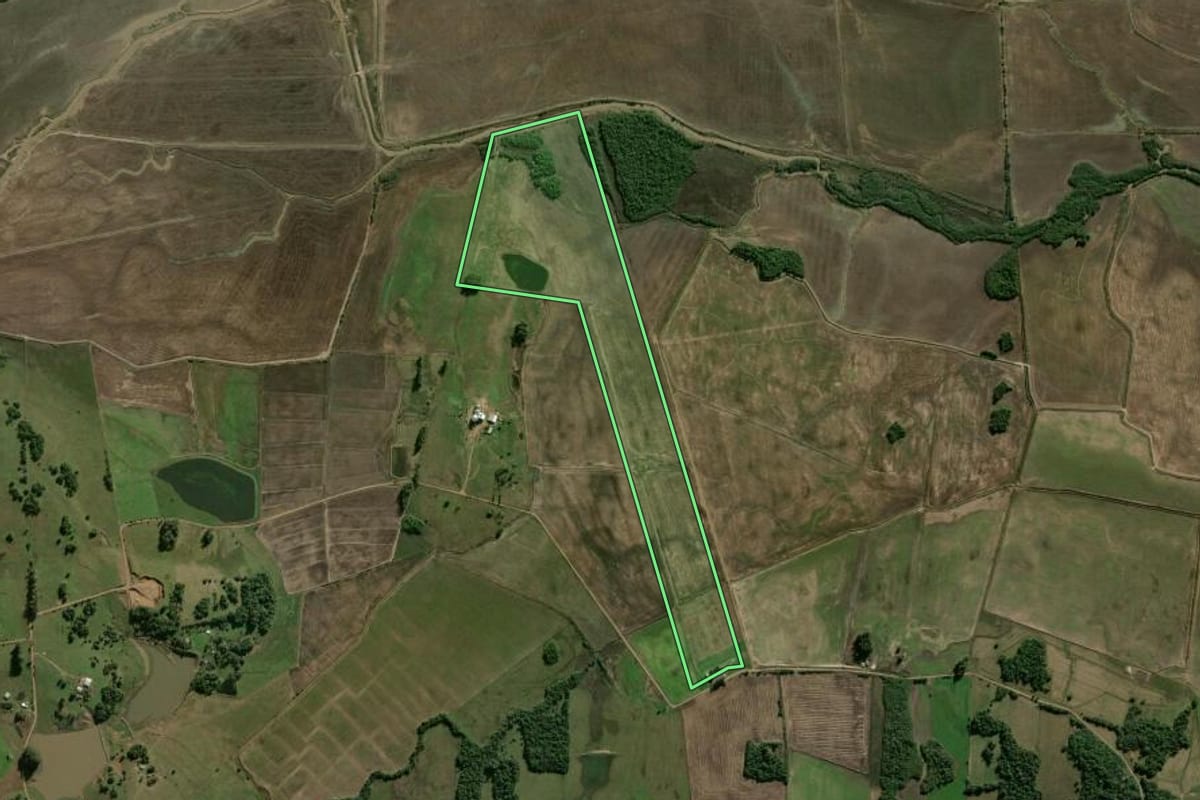 Imagem de satélite do imóvel rural em São Gabriel (RS), com o contorno declarado no CAR desenhado por cima.