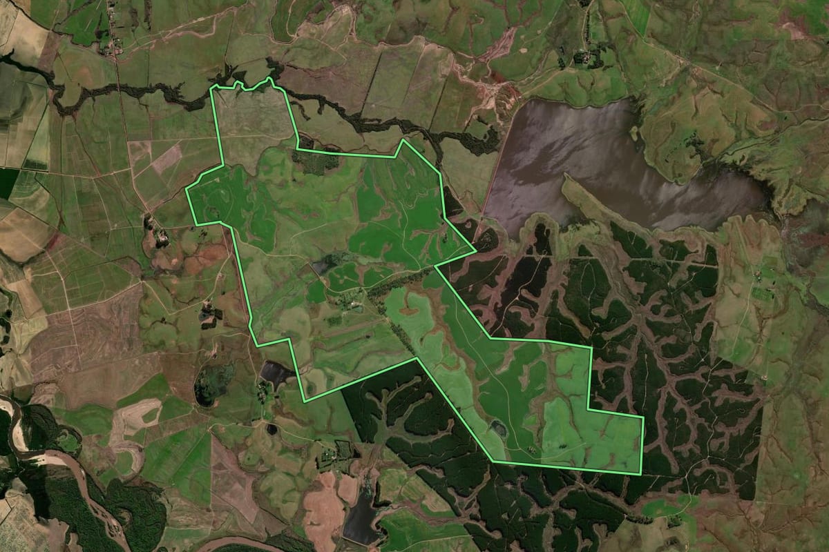 Imagem de satélite do imóvel rural em São Gabriel (RS), com o contorno declarado no CAR desenhado por cima.