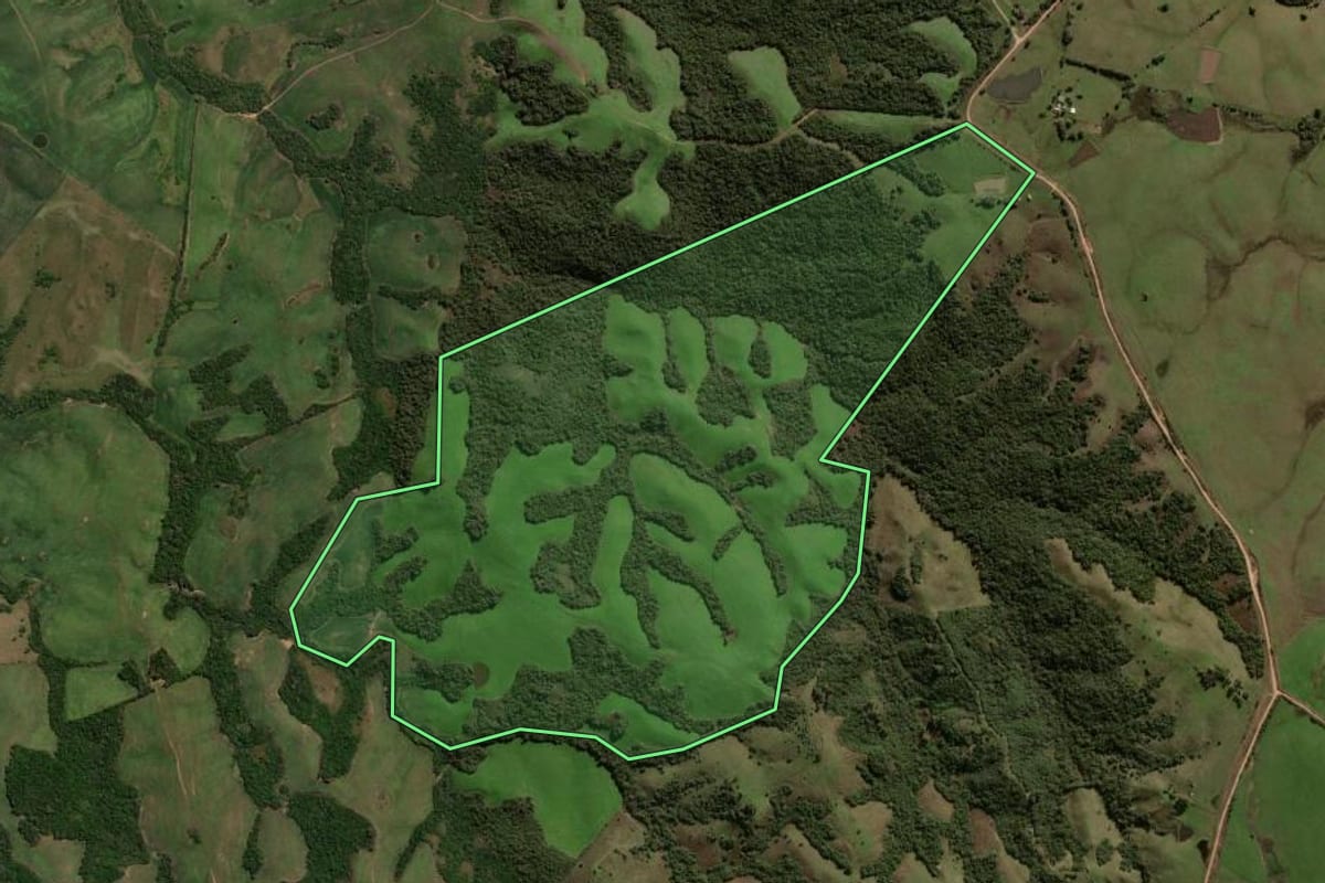 Imagem de satélite do imóvel rural em São Gabriel (RS), com o contorno declarado no CAR desenhado por cima.