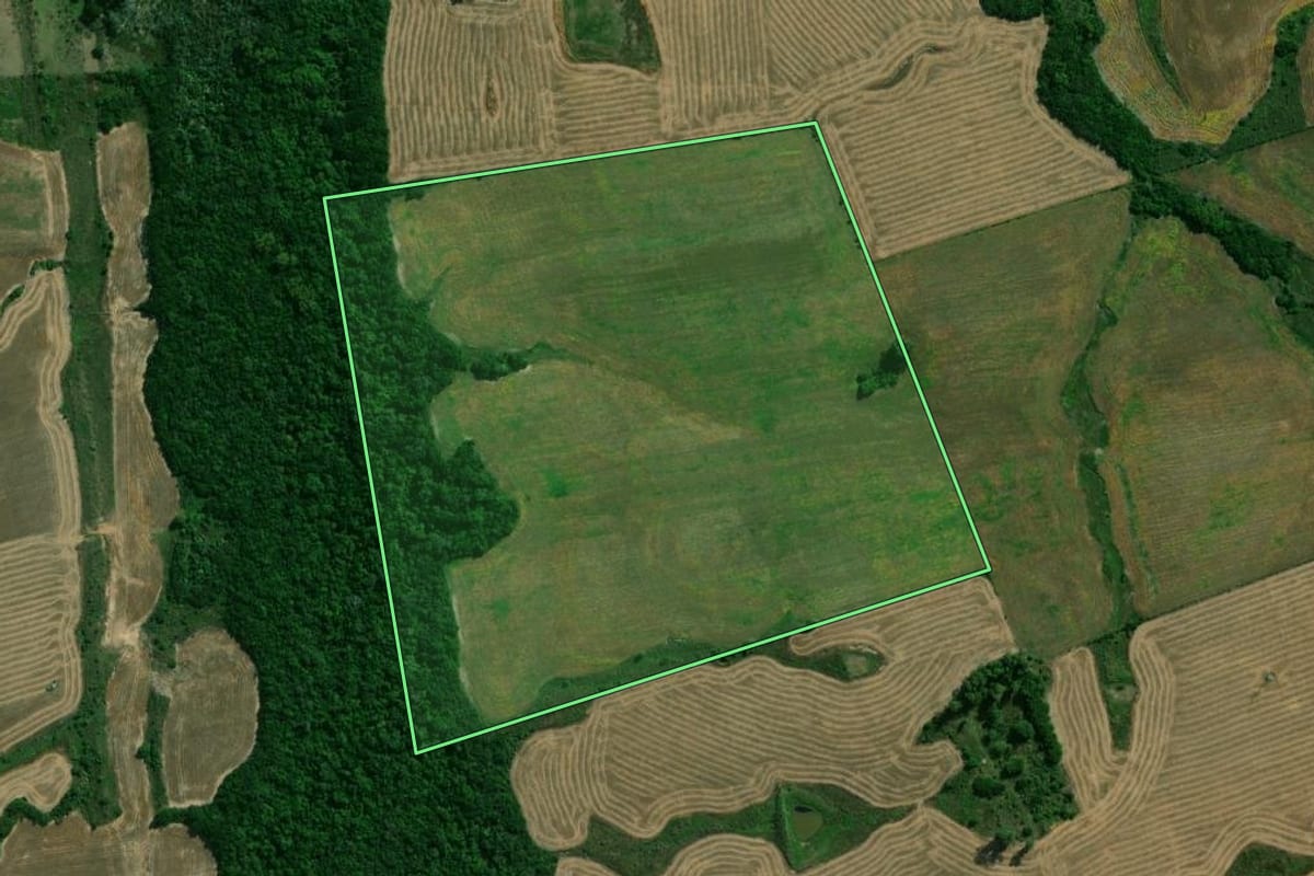 Imagem de satélite do imóvel rural em São Gabriel (RS), com o contorno declarado no CAR desenhado por cima.