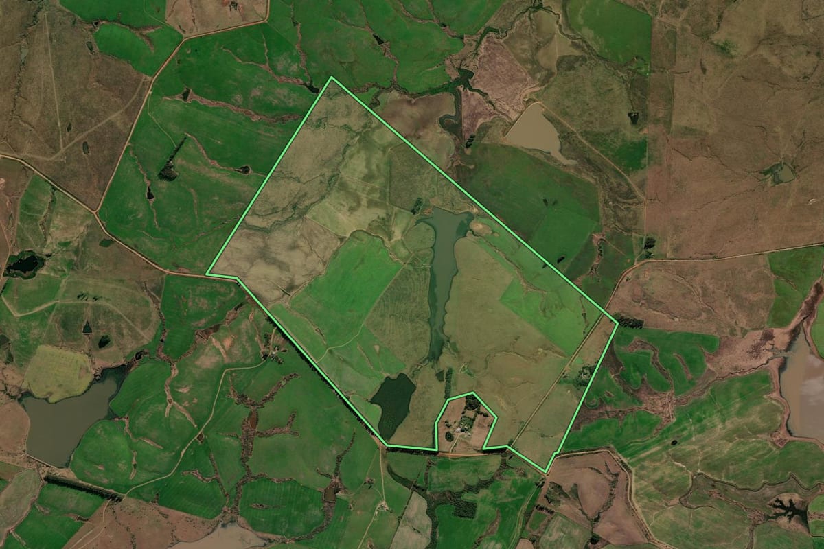 Imagem de satélite do imóvel rural em São Gabriel (RS), com o contorno declarado no CAR desenhado por cima.