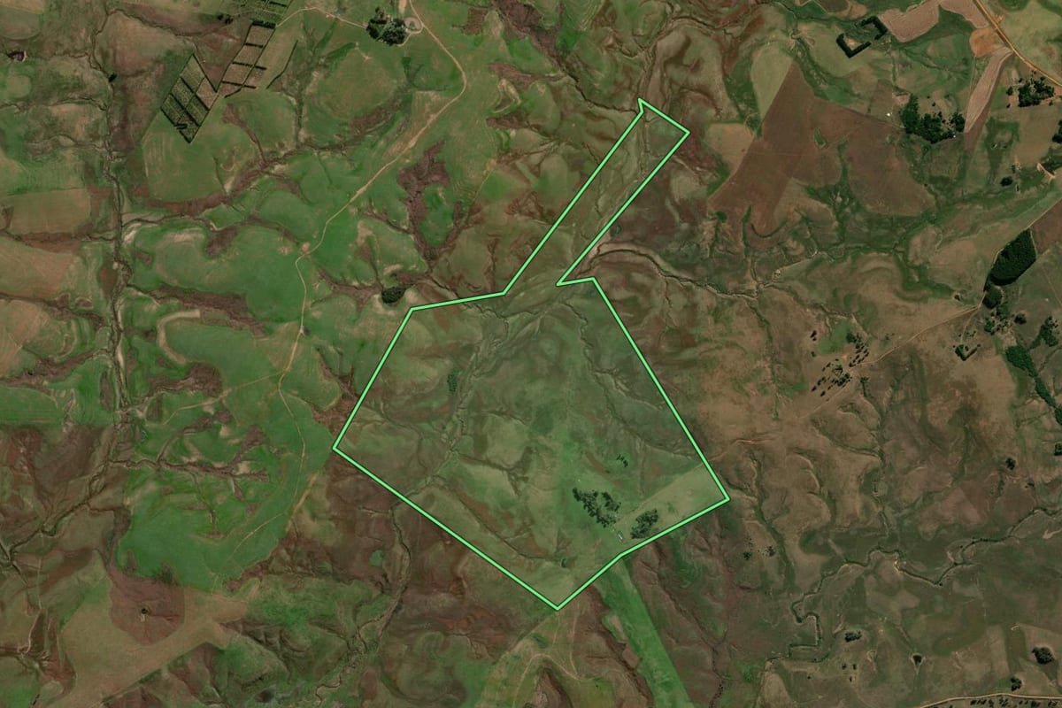 Imagem de satélite do imóvel rural em São Gabriel (RS), com o contorno declarado no CAR desenhado por cima.