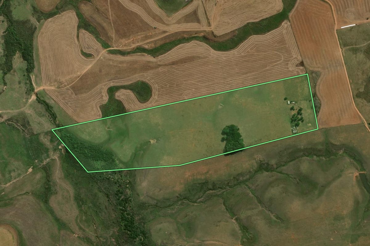 Imagem de satélite do imóvel rural em São Gabriel (RS), com o contorno declarado no CAR desenhado por cima.