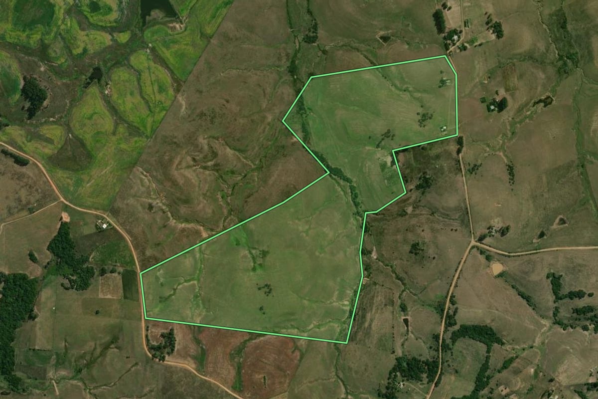 Imagem de satélite do imóvel rural em São Gabriel (RS), com o contorno declarado no CAR desenhado por cima.