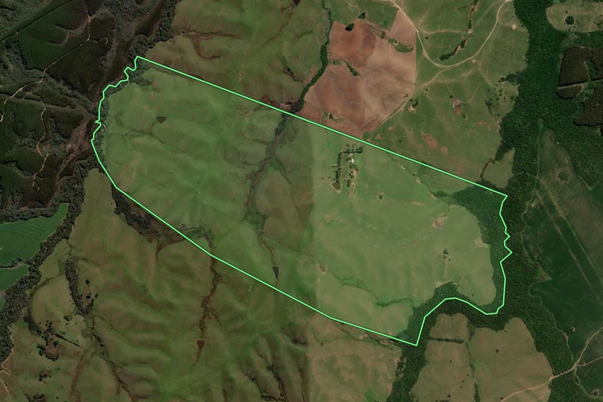 Imagem de satélite do imóvel rural em São Gabriel (RS), com o contorno declarado no CAR desenhado por cima.
