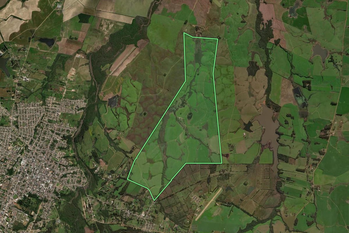Imagem de satélite do imóvel rural em São Gabriel (RS), com o contorno declarado no CAR desenhado por cima.