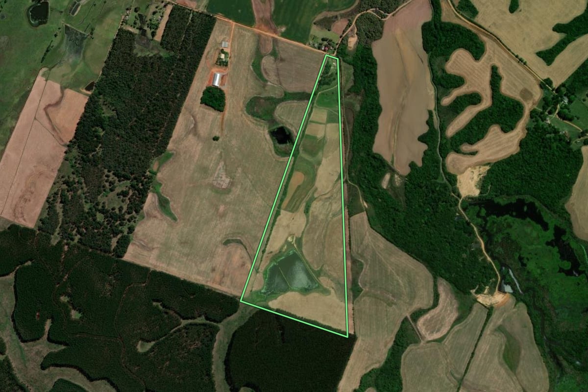 Imagem de satélite do imóvel rural em São Gabriel (RS), com o contorno declarado no CAR desenhado por cima.