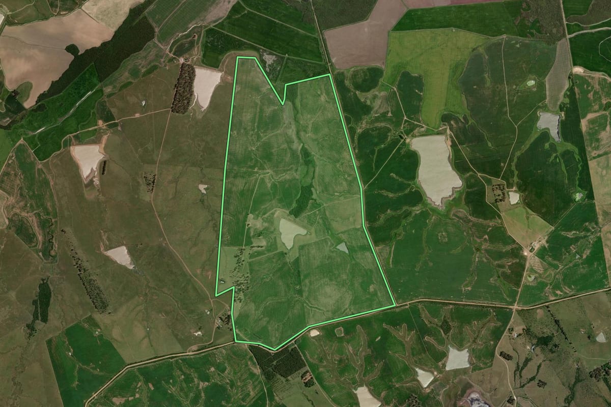 Imagem de satélite do imóvel rural em São Gabriel (RS), com o contorno declarado no CAR desenhado por cima.