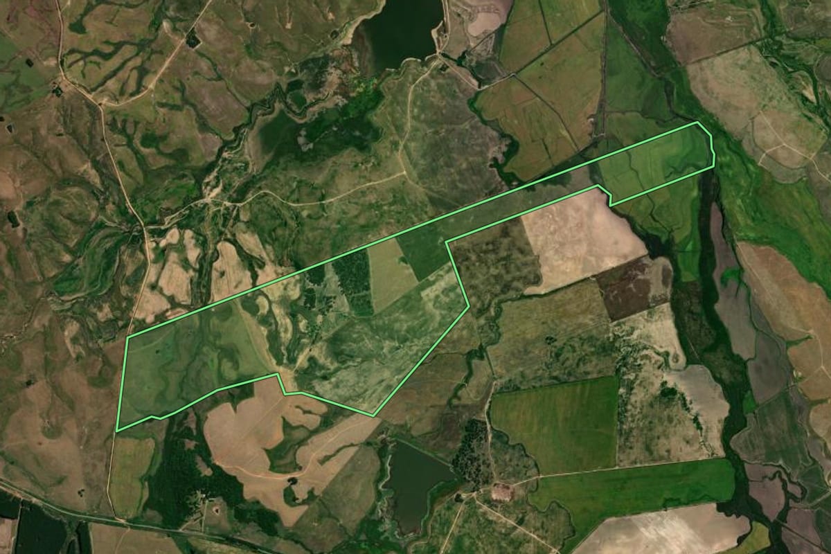 Imagem de satélite do imóvel rural em São Gabriel (RS), com o contorno declarado no CAR desenhado por cima.