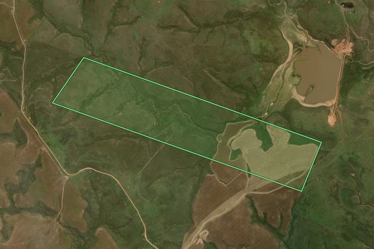 Imagem de satélite do imóvel rural em São Gabriel (RS), com o contorno declarado no CAR desenhado por cima.
