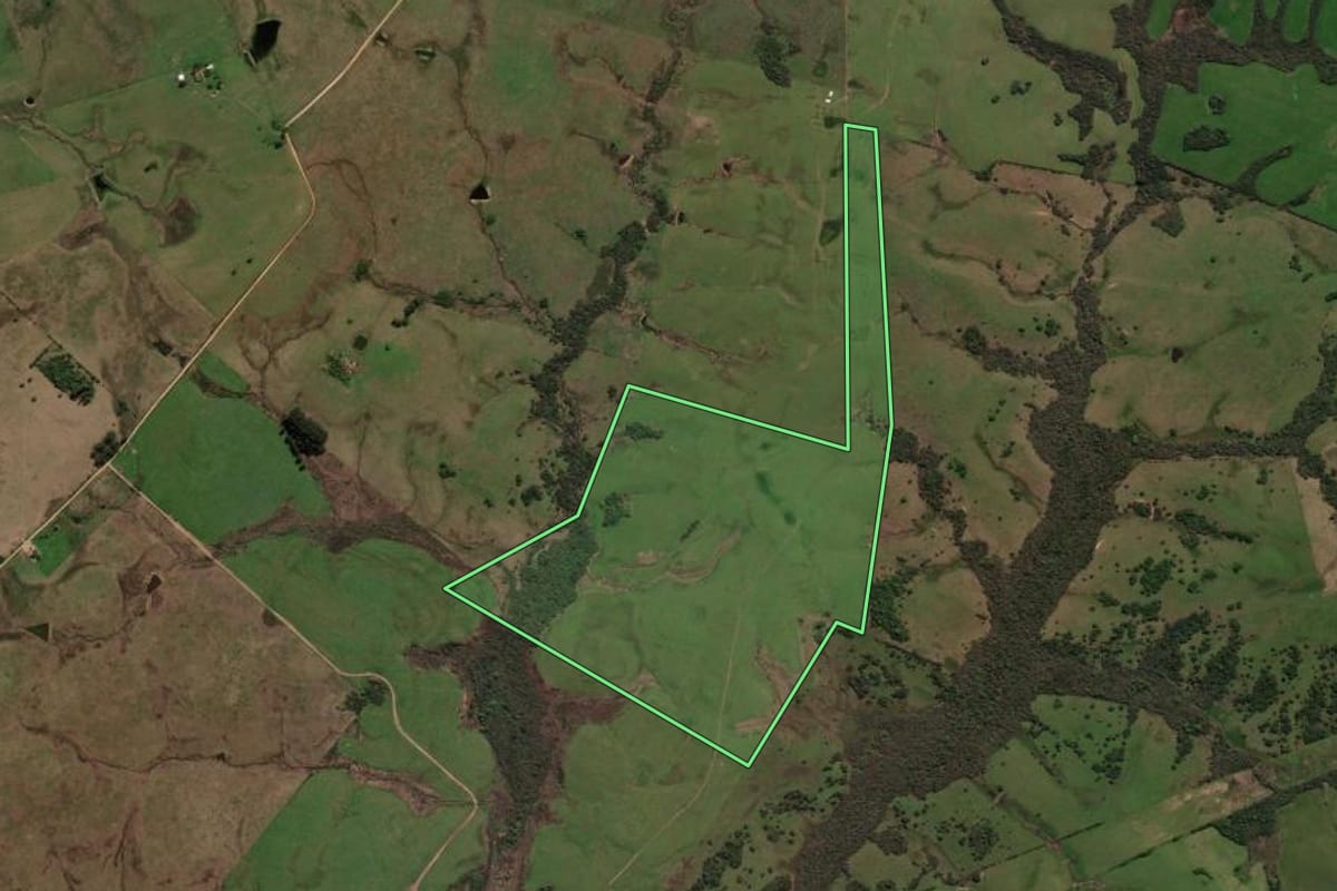 Imagem de satélite do imóvel rural em São Gabriel (RS), com o contorno declarado no CAR desenhado por cima.