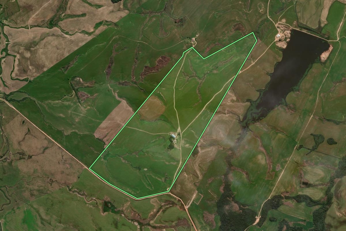 Imagem de satélite do imóvel rural em São Gabriel (RS), com o contorno declarado no CAR desenhado por cima.