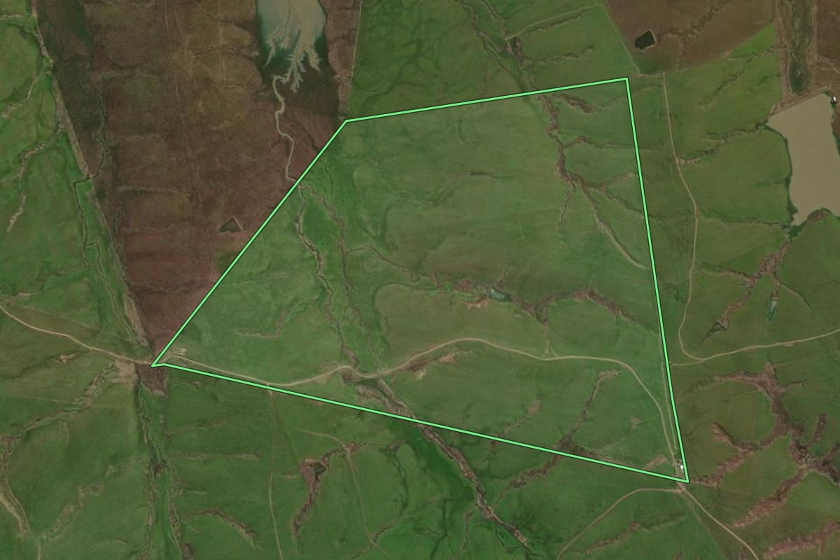 Imagem de satélite do imóvel rural em São Gabriel (RS), com o contorno declarado no CAR desenhado por cima.