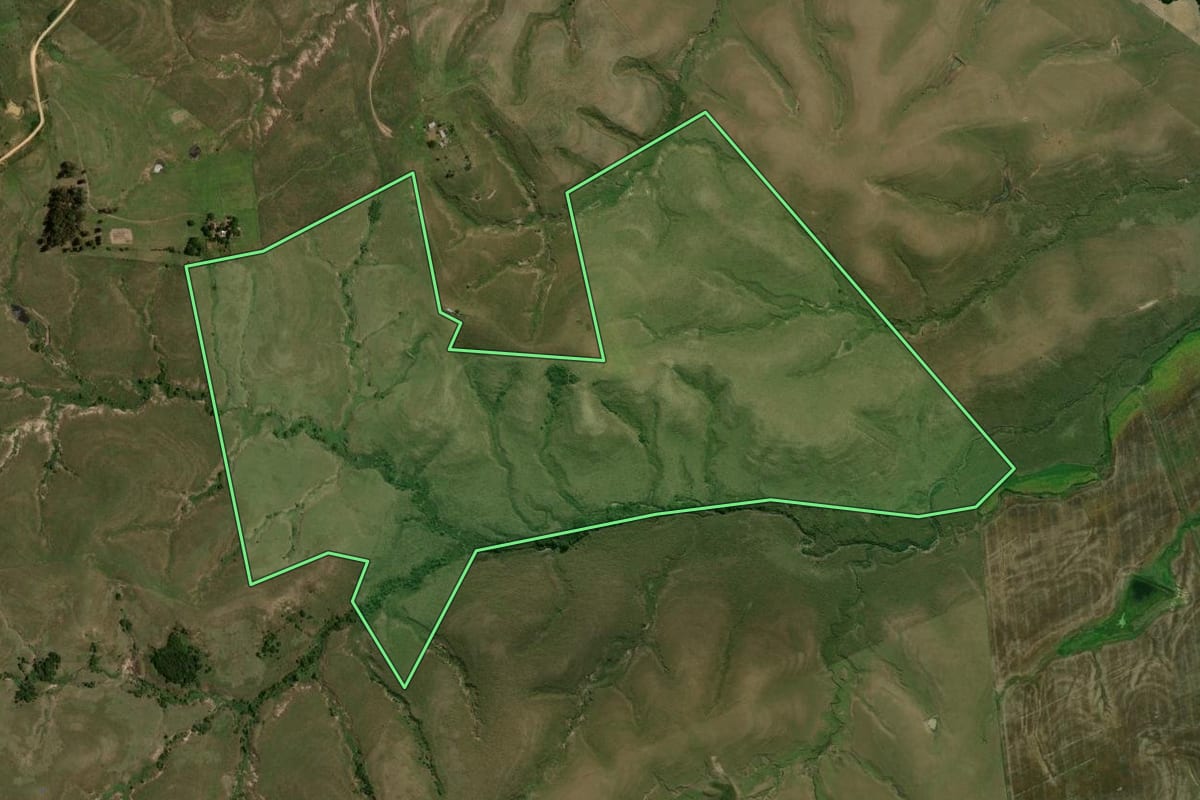 Imagem de satélite do imóvel rural em São Gabriel (RS), com o contorno declarado no CAR desenhado por cima.