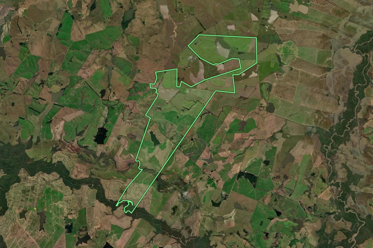 Imagem de satélite do imóvel rural em São Gabriel (RS), com o contorno declarado no CAR desenhado por cima.
