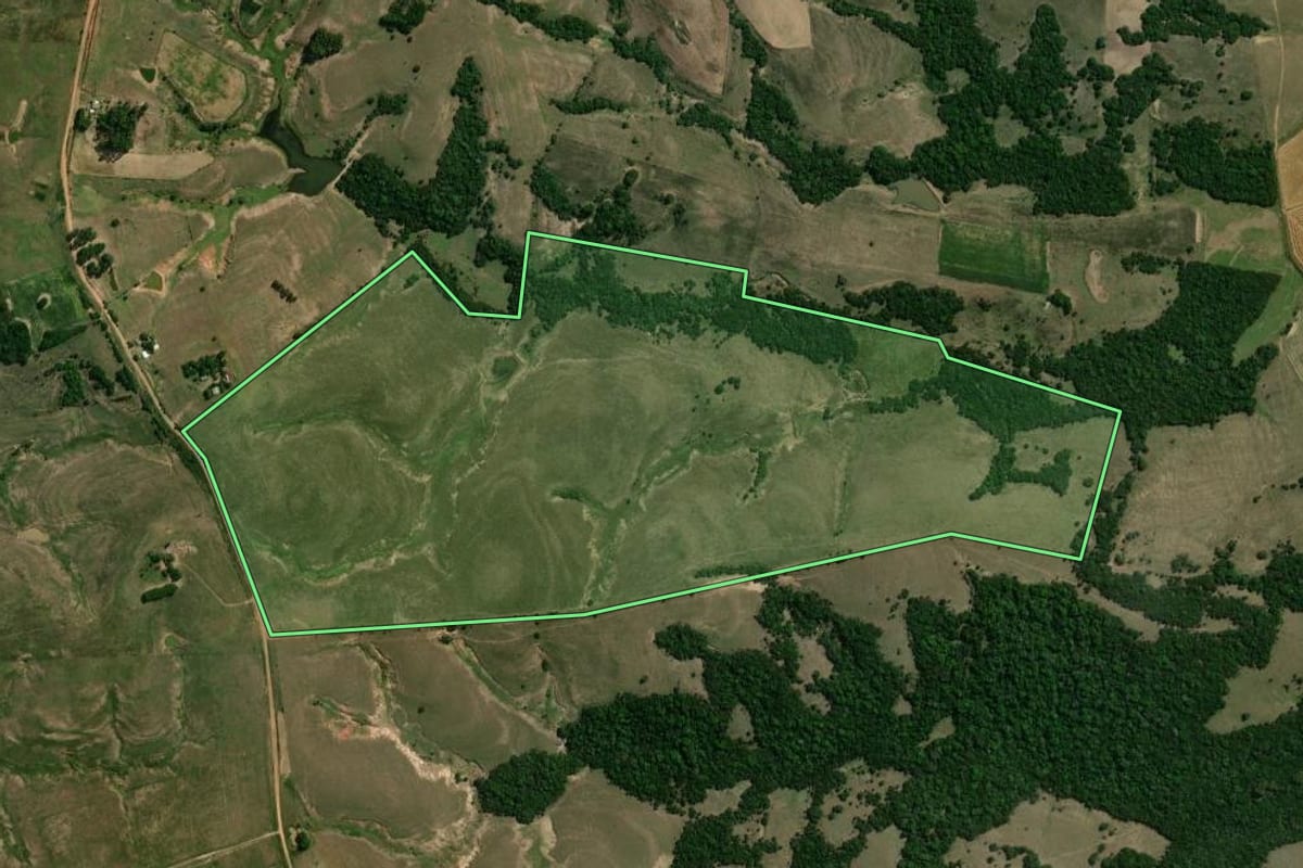 Imagem de satélite do imóvel rural em São Gabriel (RS), com o contorno declarado no CAR desenhado por cima.