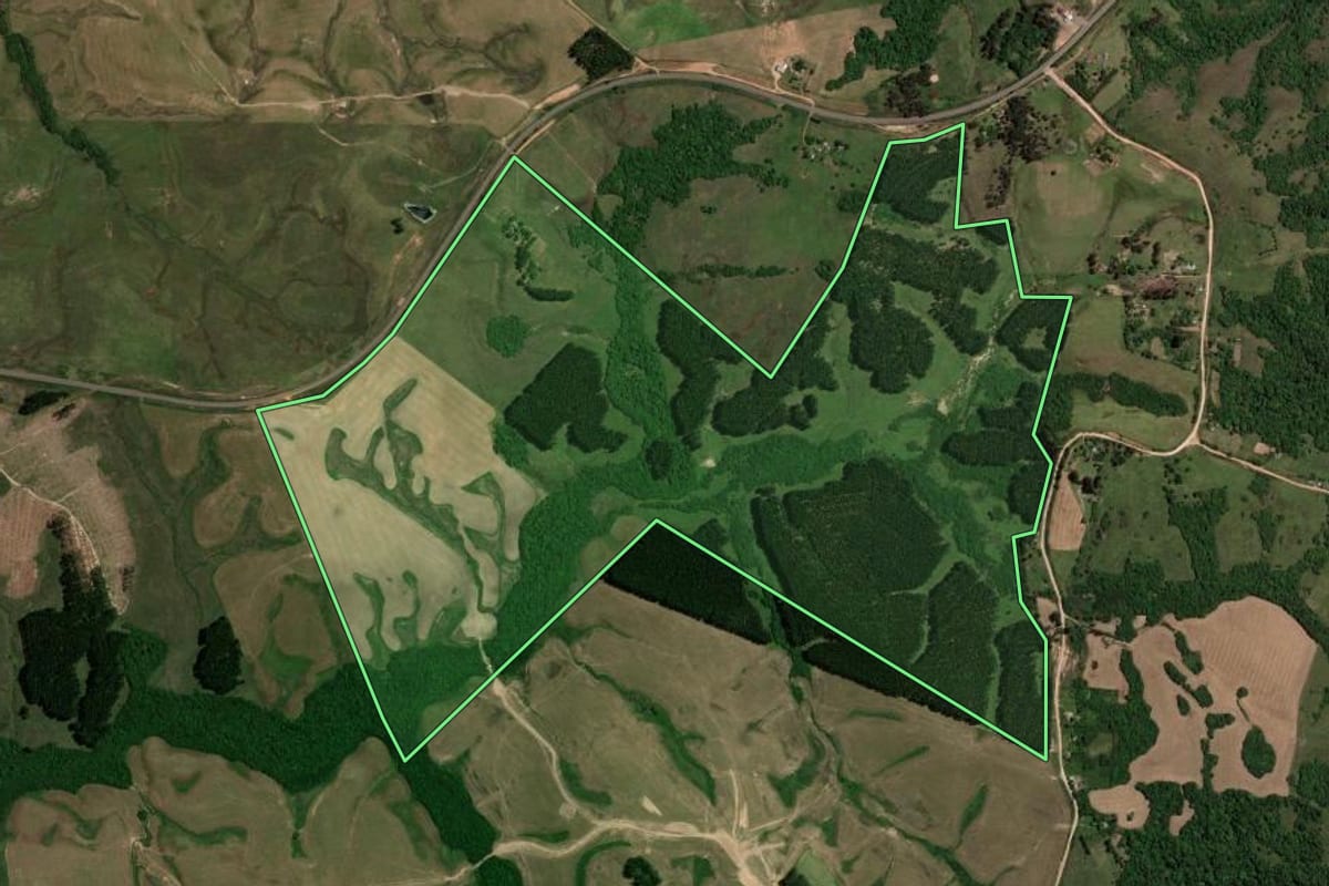Imagem de satélite do imóvel rural em São Gabriel (RS), com o contorno declarado no CAR desenhado por cima.