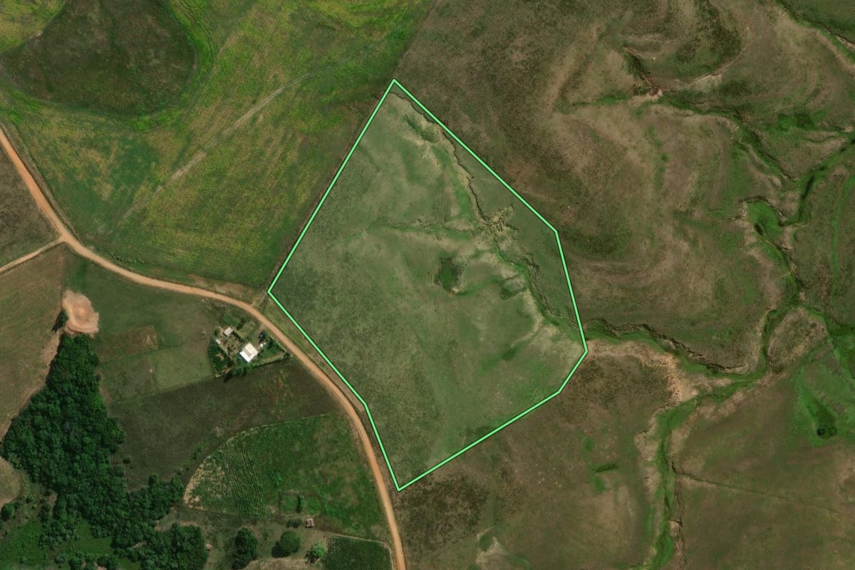 Imagem de satélite do imóvel rural em São Gabriel (RS), com o contorno declarado no CAR desenhado por cima.