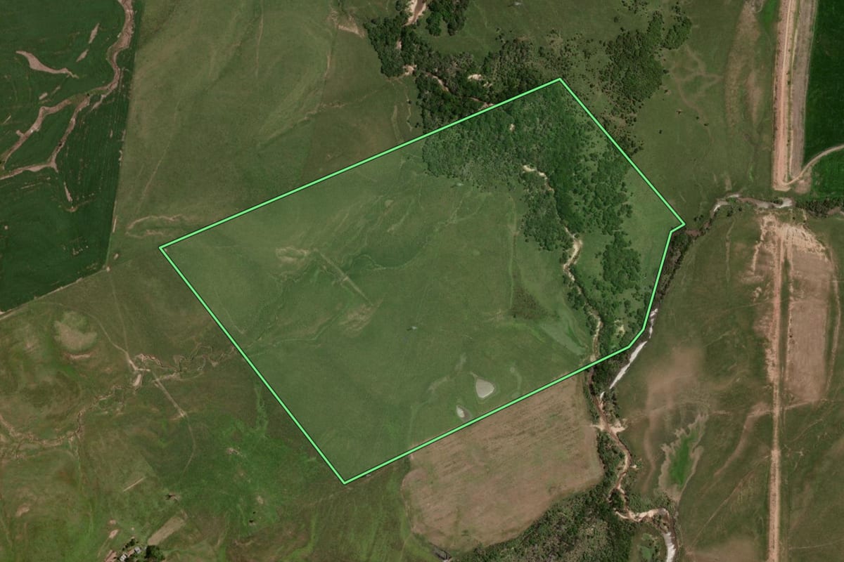 Imagem de satélite do imóvel rural em São Gabriel (RS), com o contorno declarado no CAR desenhado por cima.