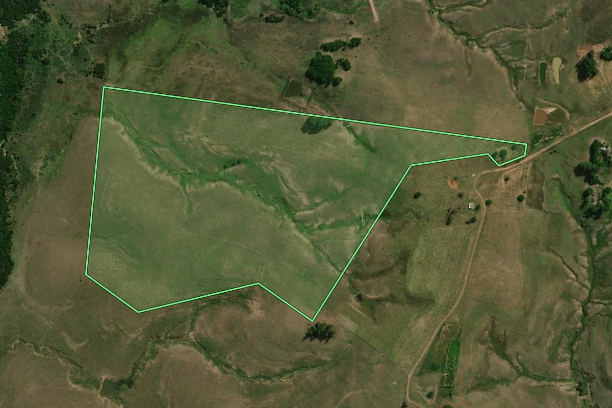 Imagem de satélite do imóvel rural em São Gabriel (RS), com o contorno declarado no CAR desenhado por cima.