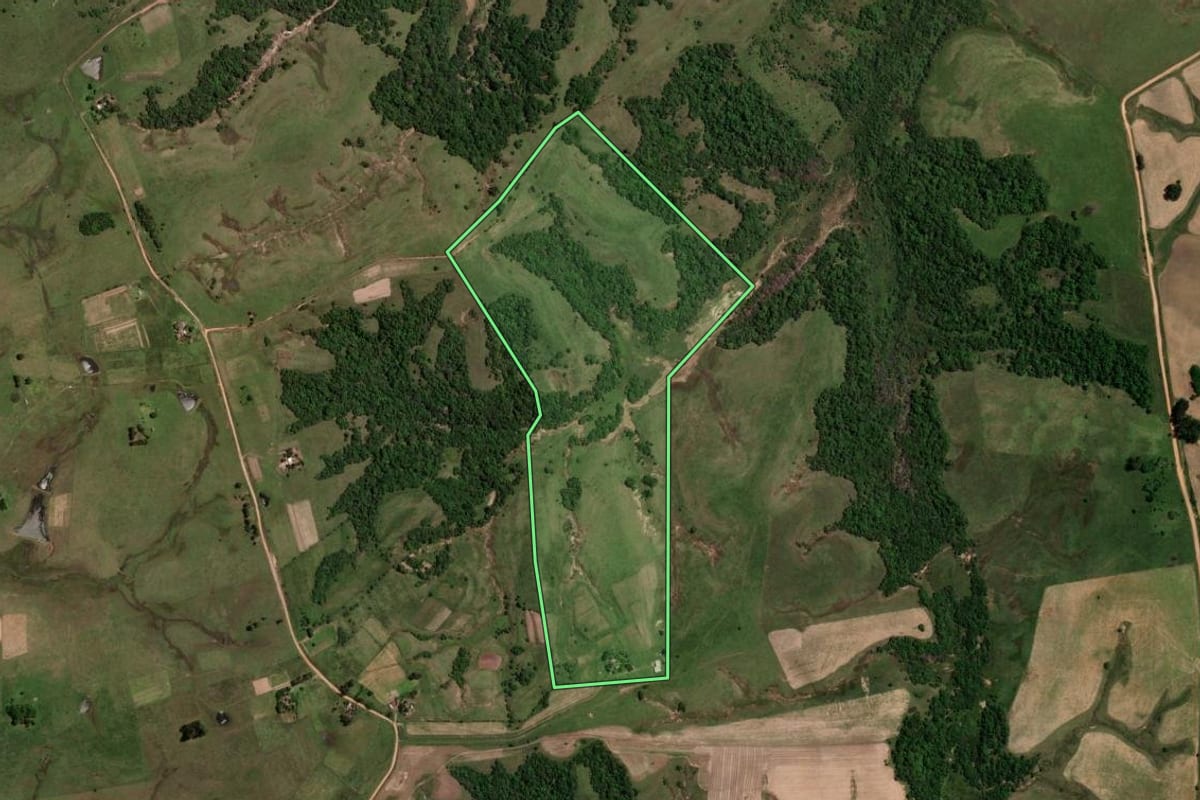 Imagem de satélite do imóvel rural em São Gabriel (RS), com o contorno declarado no CAR desenhado por cima.