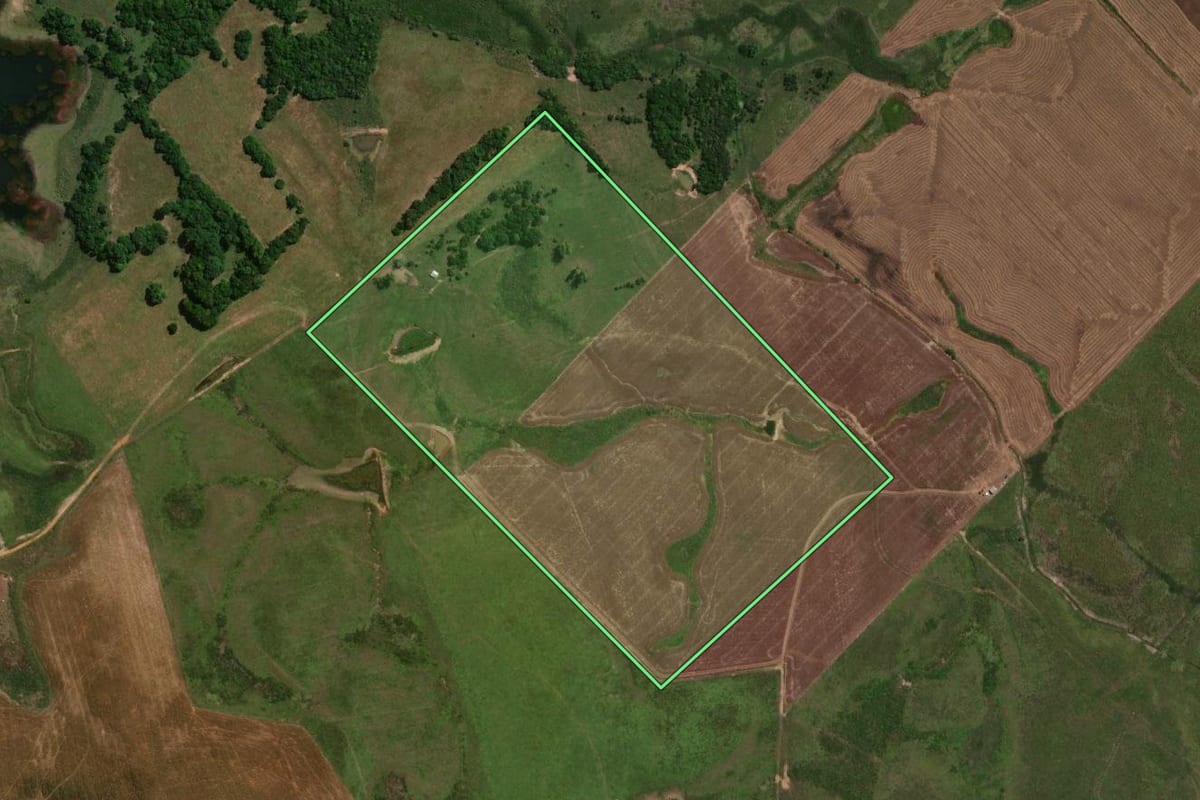Imagem de satélite do imóvel rural em São Gabriel (RS), com o contorno declarado no CAR desenhado por cima.