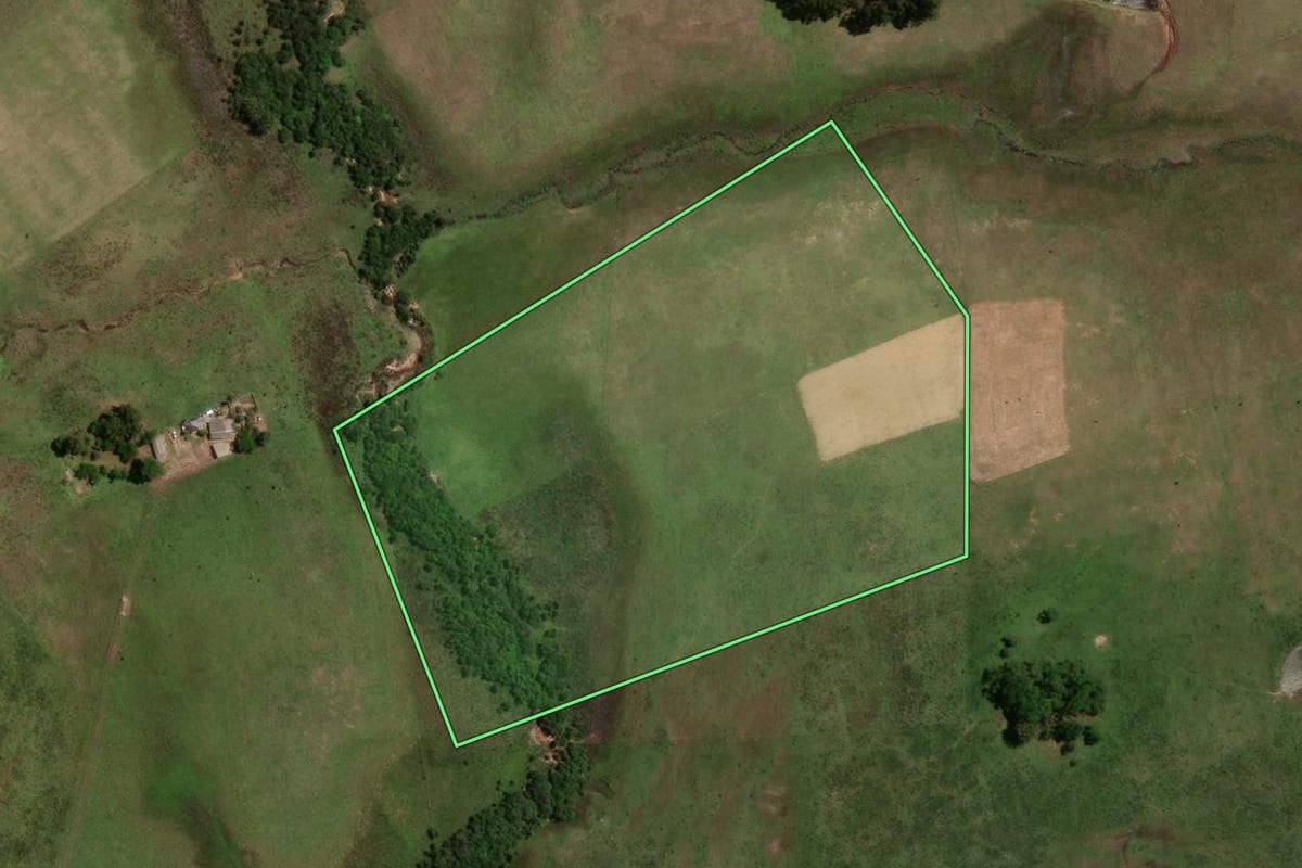 Imagem de satélite do imóvel rural em São Gabriel (RS), com o contorno declarado no CAR desenhado por cima.