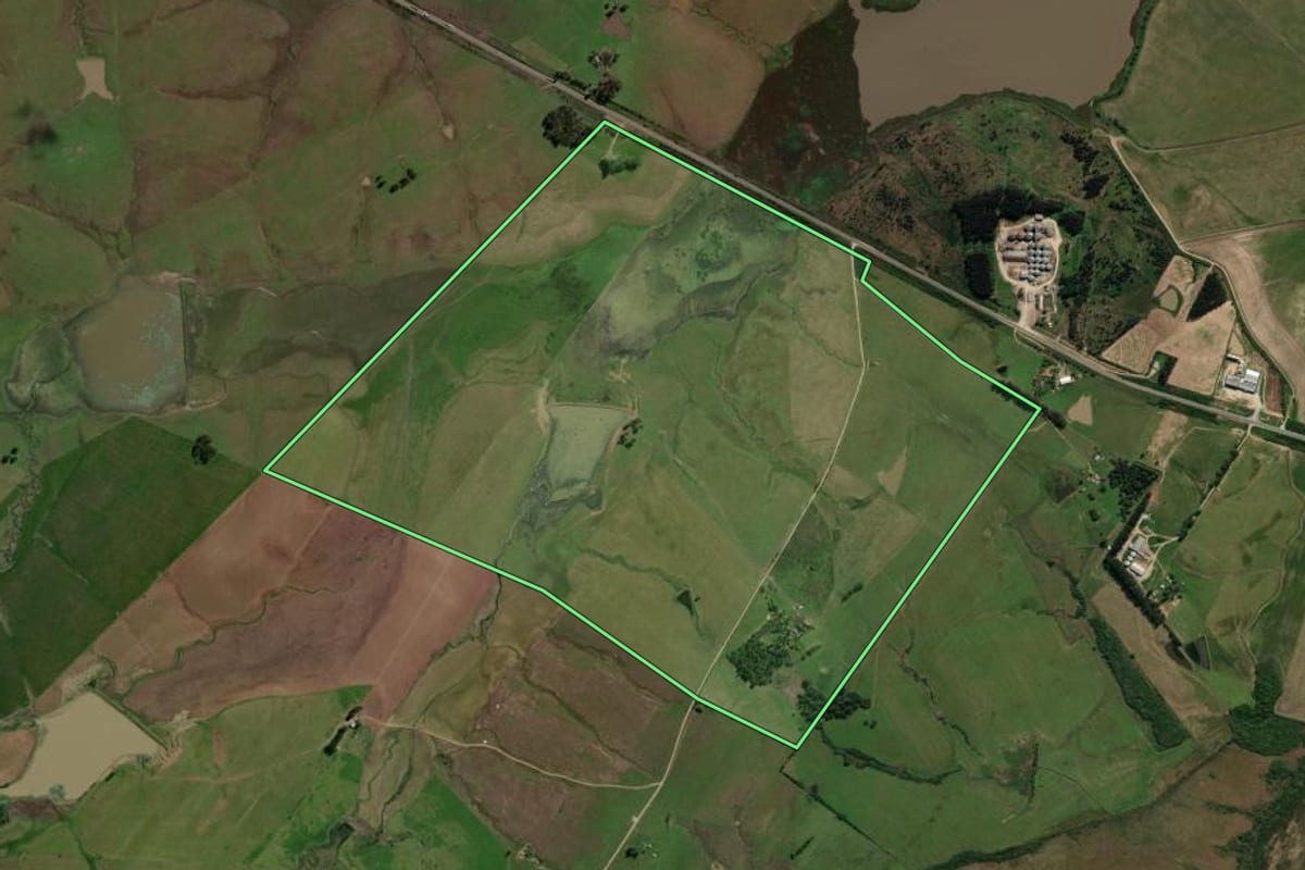 Imagem de satélite do imóvel rural em São Gabriel (RS), com o contorno declarado no CAR desenhado por cima.