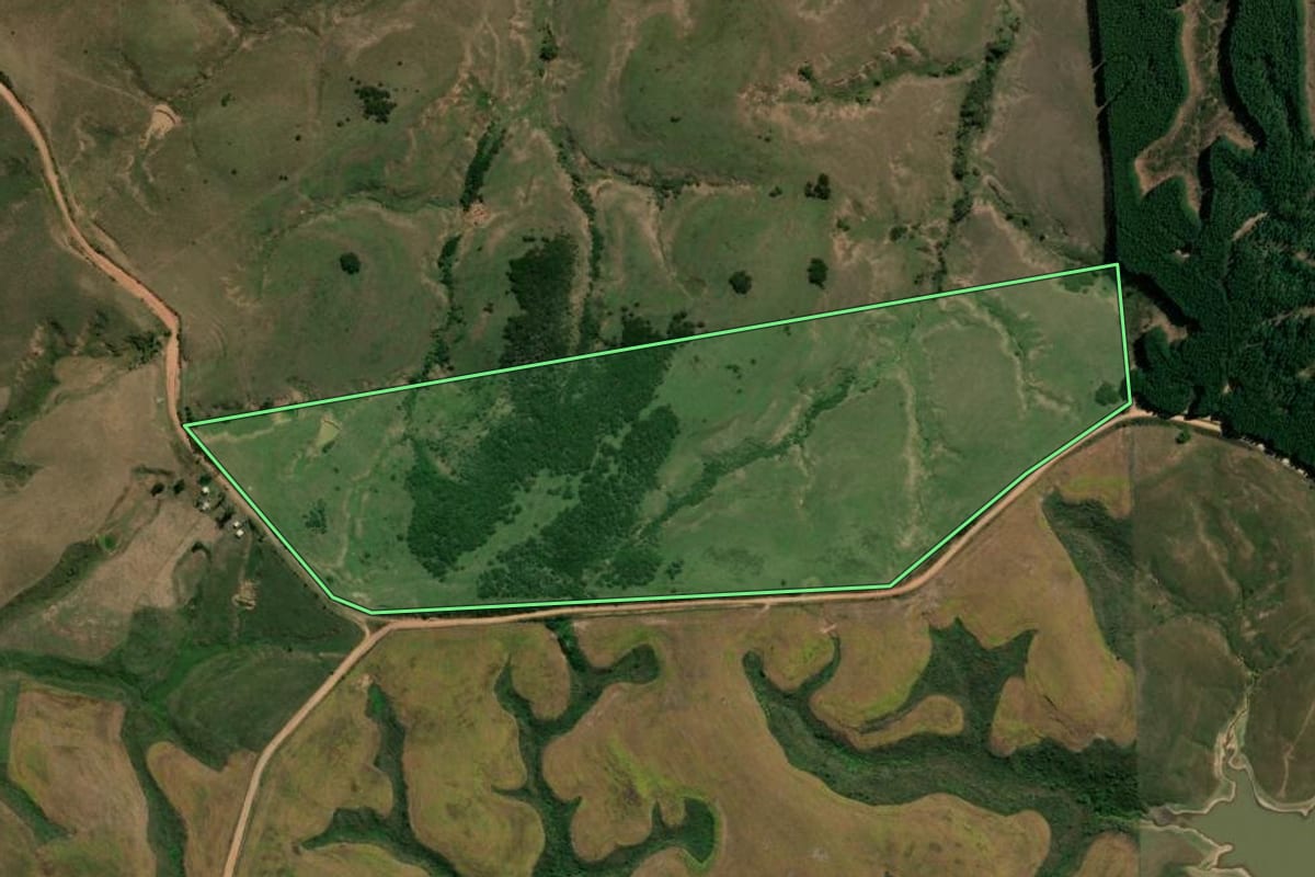Imagem de satélite do imóvel rural em São Gabriel (RS), com o contorno declarado no CAR desenhado por cima.
