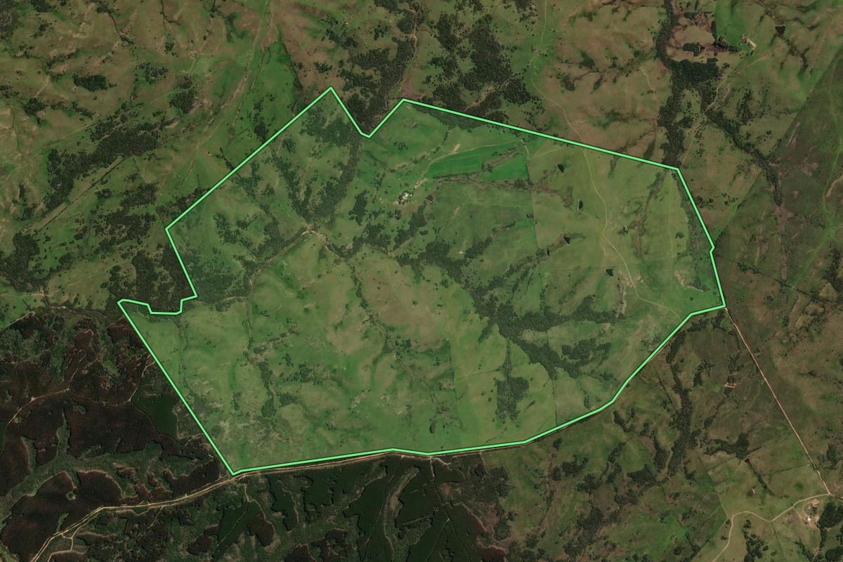 Imagem de satélite do imóvel rural em São Gabriel (RS), com o contorno declarado no CAR desenhado por cima.