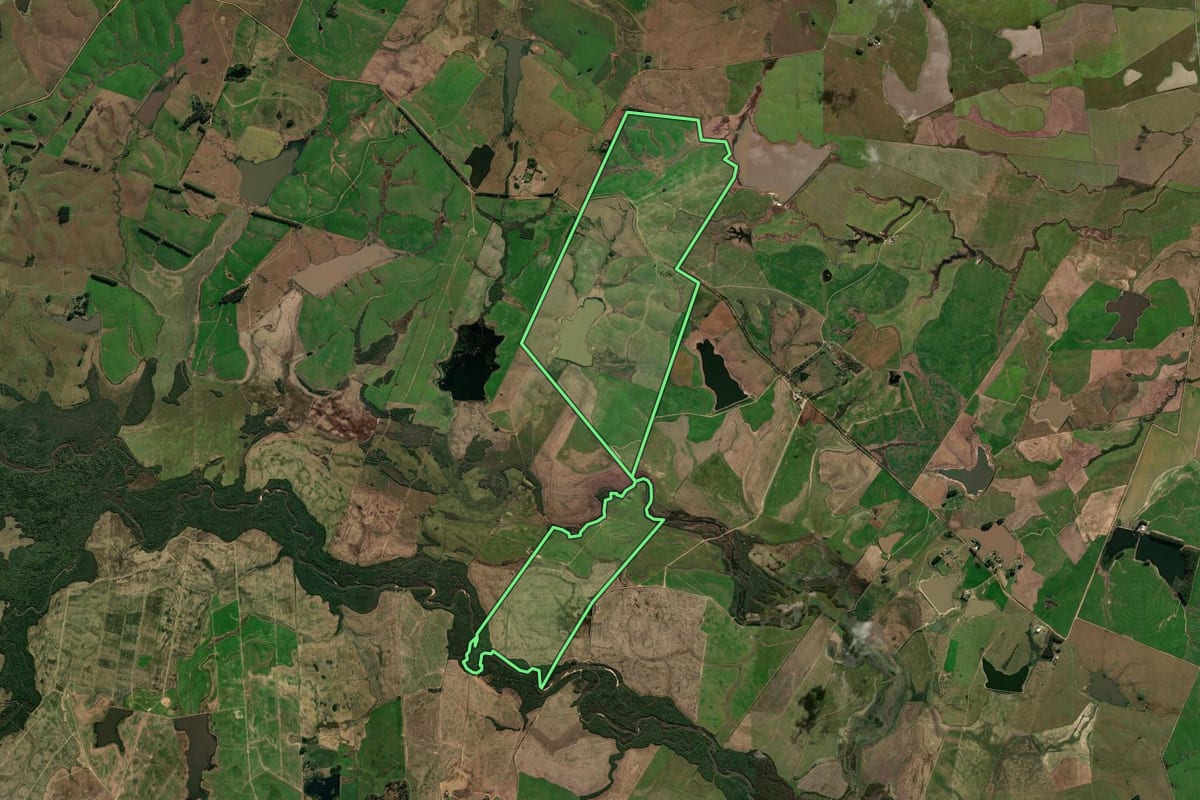 Imagem de satélite do imóvel rural em São Gabriel (RS), com o contorno declarado no CAR desenhado por cima.