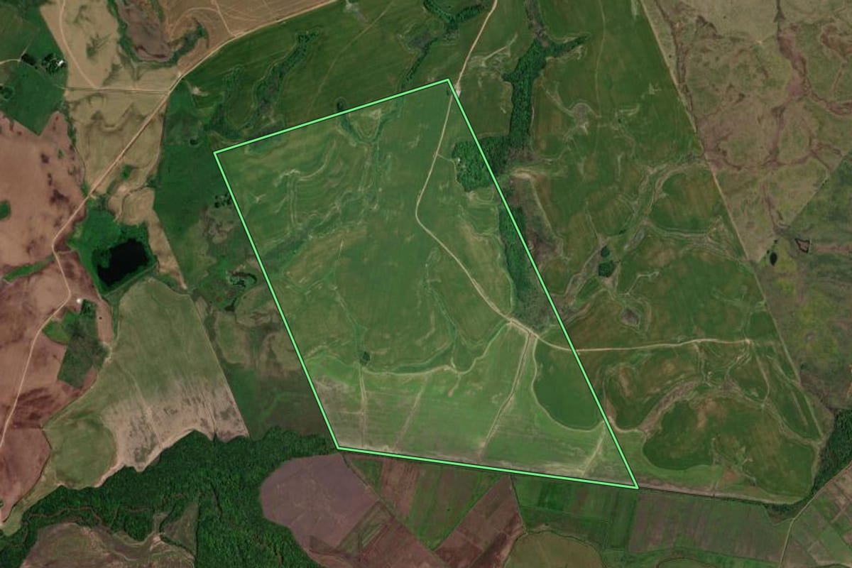 Imagem de satélite do imóvel rural em São Gabriel (RS), com o contorno declarado no CAR desenhado por cima.