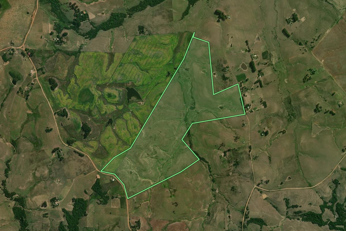 Imagem de satélite do imóvel rural em São Gabriel (RS), com o contorno declarado no CAR desenhado por cima.