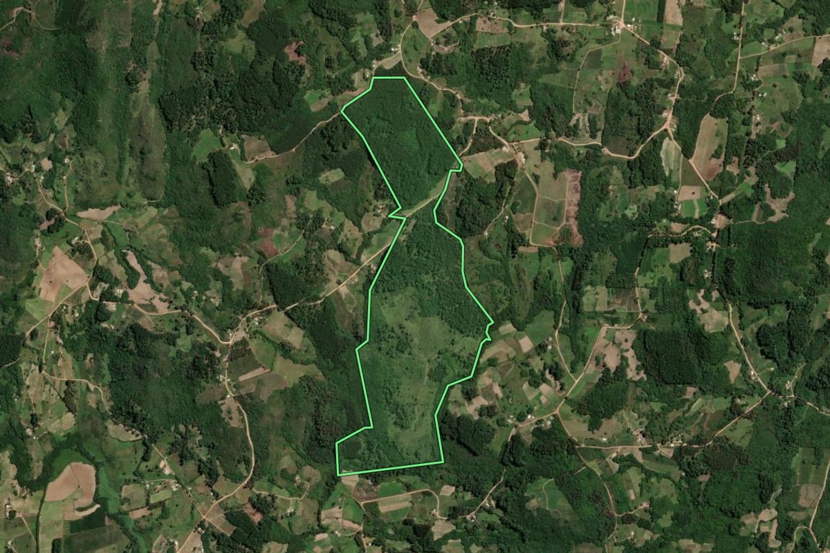 Imagem de satélite do imóvel rural em São Jerônimo (RS), com o contorno declarado no CAR desenhado por cima.