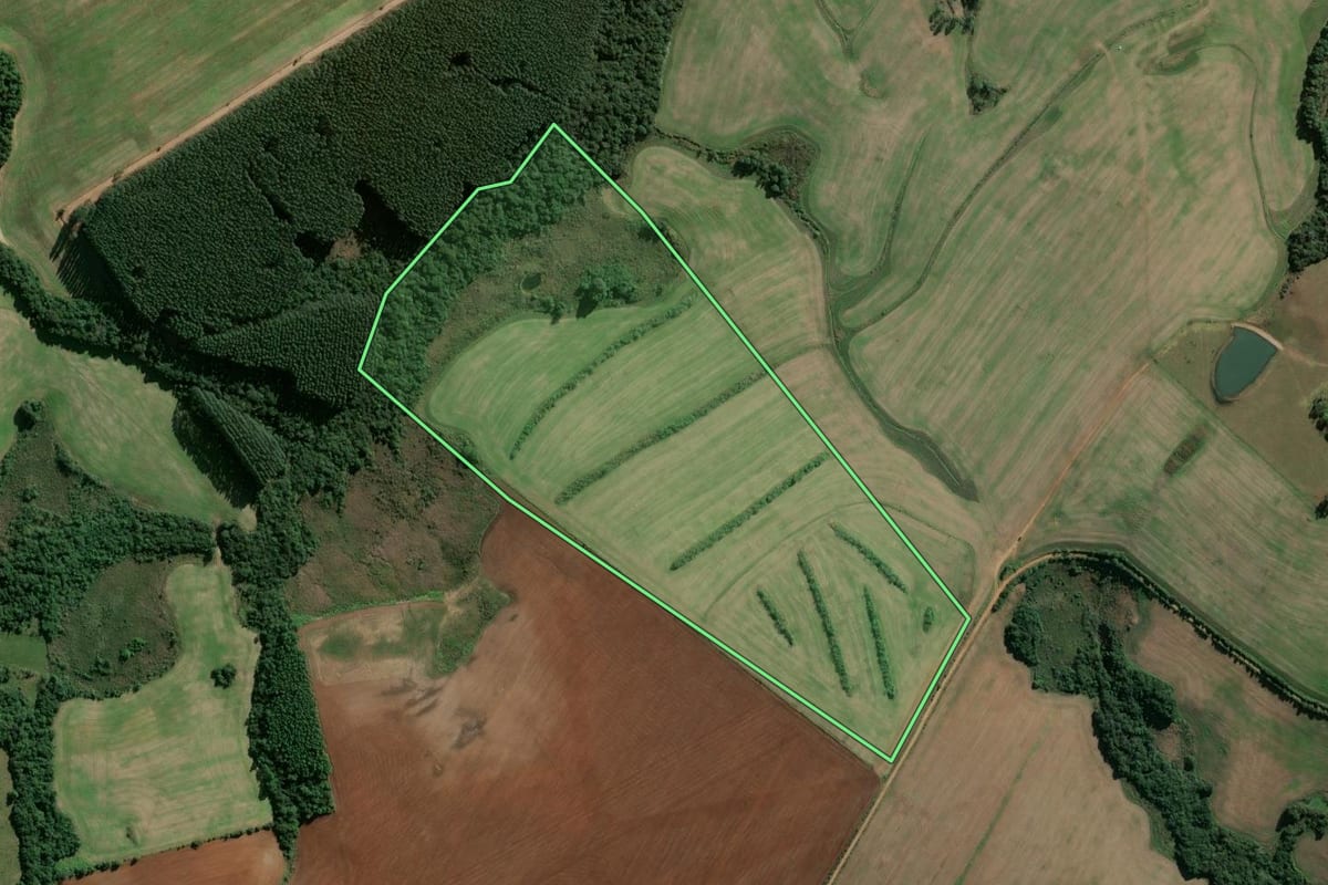 Imagem de satélite do imóvel rural em São Jerônimo (RS), com o contorno declarado no CAR desenhado por cima.