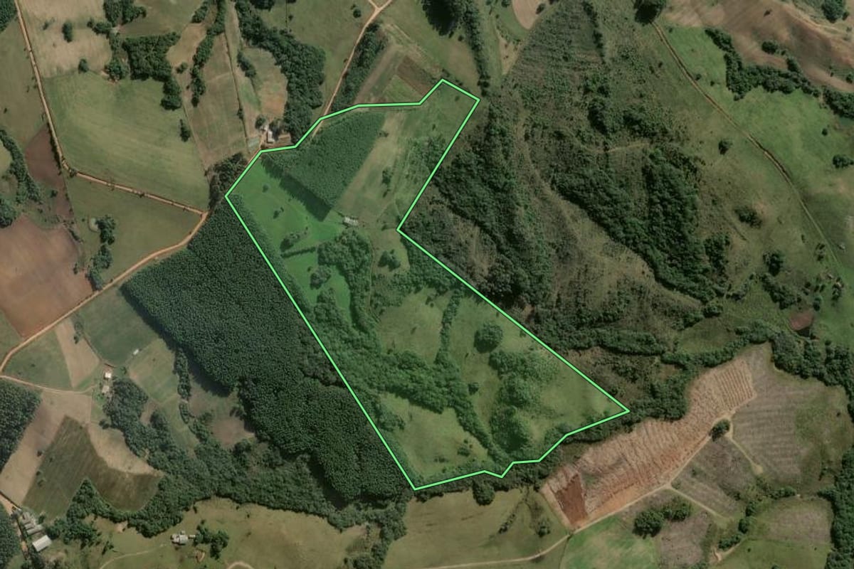 Imagem de satélite do imóvel rural em São Jerônimo (RS), com o contorno declarado no CAR desenhado por cima.