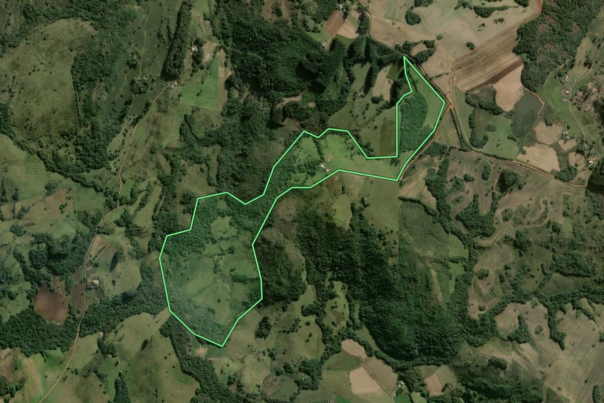 Imagem de satélite do imóvel rural em São Jerônimo (RS), com o contorno declarado no CAR desenhado por cima.