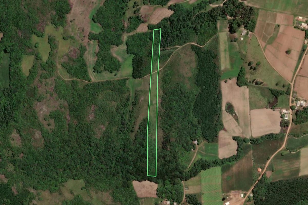 Imagem de satélite do imóvel rural em São Jerônimo (RS), com o contorno declarado no CAR desenhado por cima.