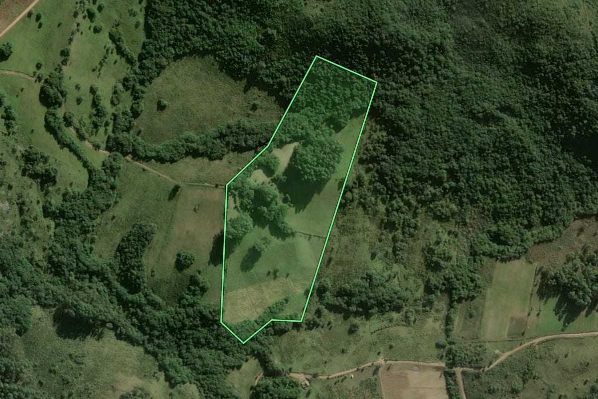 Imagem de satélite do imóvel rural em São Jerônimo (RS), com o contorno declarado no CAR desenhado por cima.