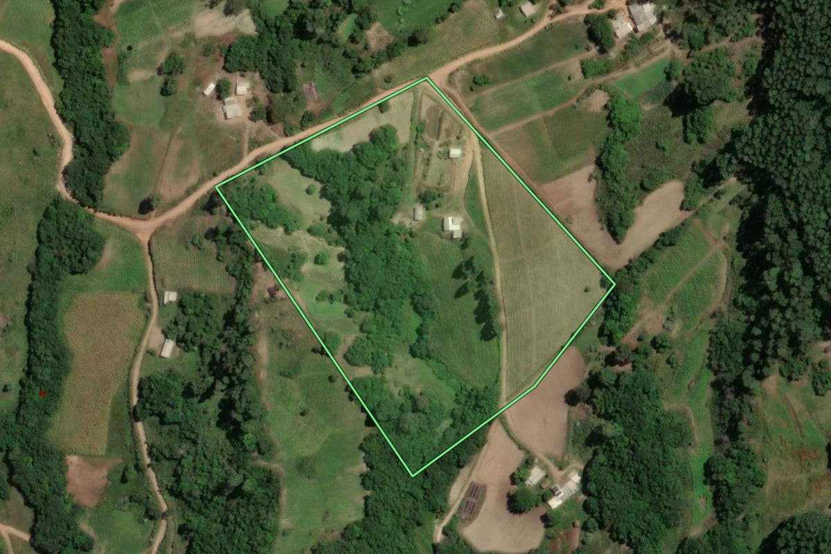 Imagem de satélite do imóvel rural em São Jerônimo (RS), com o contorno declarado no CAR desenhado por cima.
