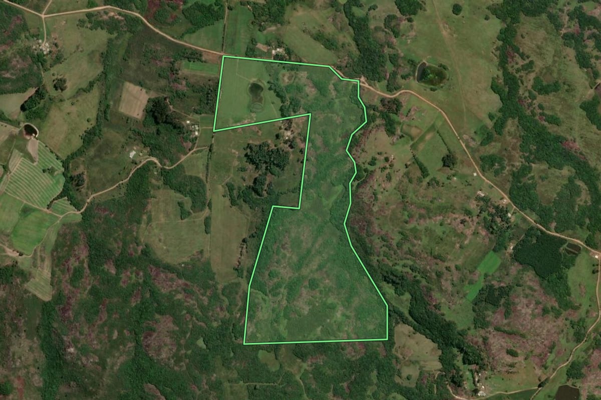 Imagem de satélite do imóvel rural em São Jerônimo (RS), com o contorno declarado no CAR desenhado por cima.