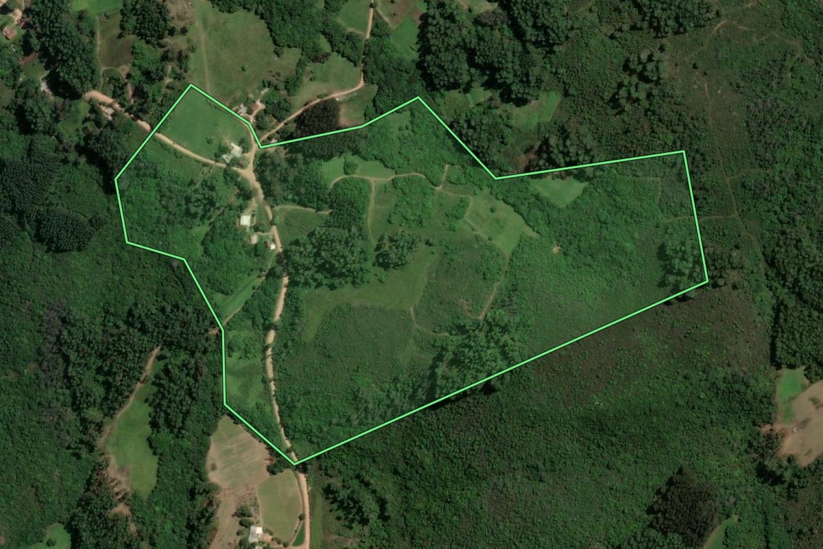 Imagem de satélite do imóvel rural em São Jerônimo (RS), com o contorno declarado no CAR desenhado por cima.