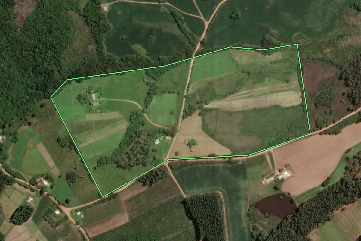 Imagem de satélite do imóvel rural em São Jerônimo (RS), com o contorno declarado no CAR desenhado por cima.