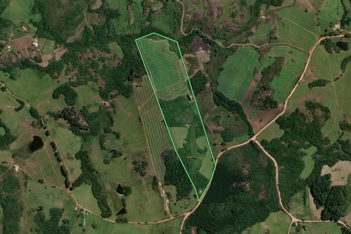 Imagem de satélite do imóvel rural em São Jerônimo (RS), com o contorno declarado no CAR desenhado por cima.