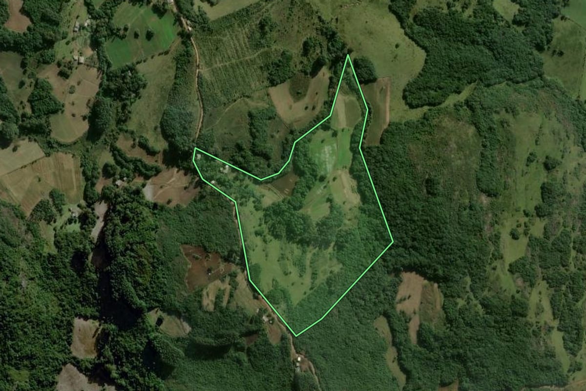 Imagem de satélite do imóvel rural em São Jerônimo (RS), com o contorno declarado no CAR desenhado por cima.