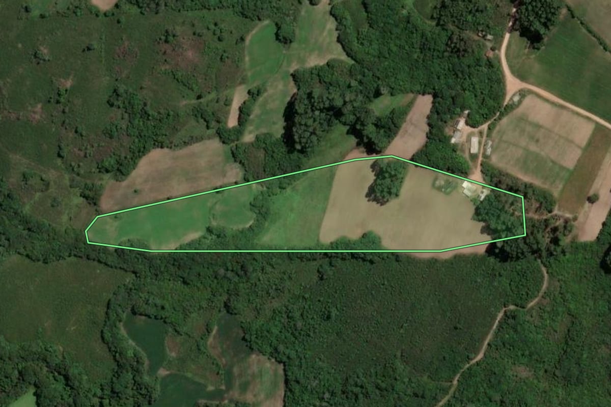 Imagem de satélite do imóvel rural em São Jerônimo (RS), com o contorno declarado no CAR desenhado por cima.