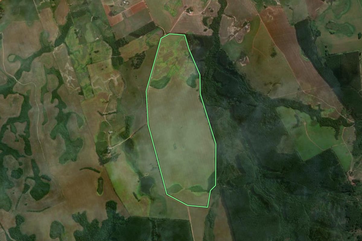 Imagem de satélite do imóvel rural em São Jerônimo (RS), com o contorno declarado no CAR desenhado por cima.