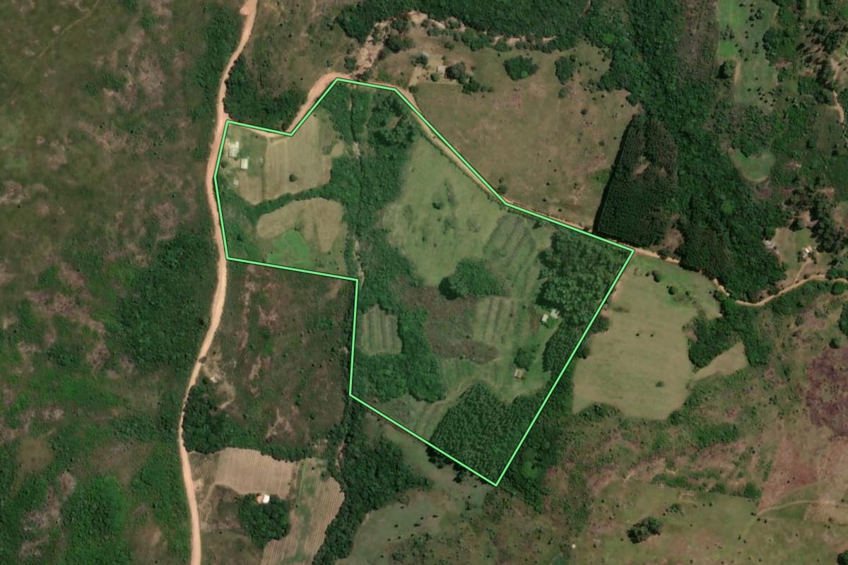 Imagem de satélite do imóvel rural em São Jerônimo (RS), com o contorno declarado no CAR desenhado por cima.