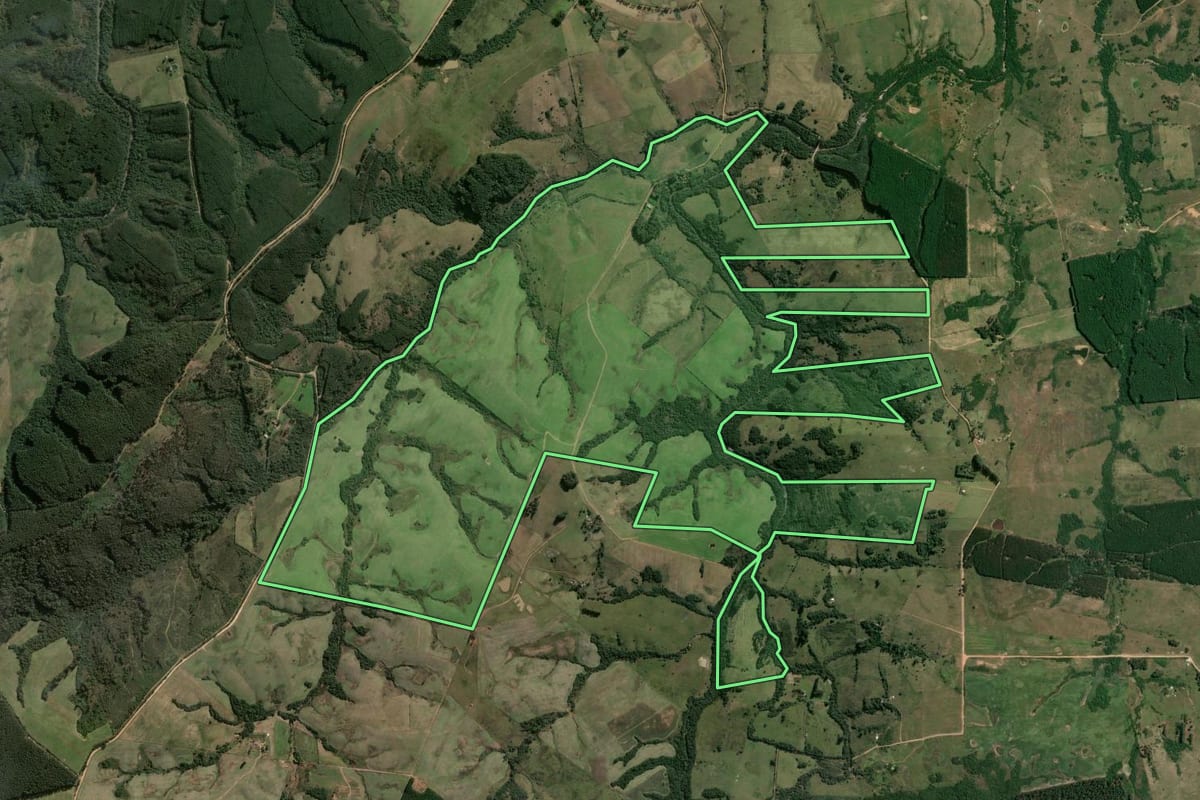 Imagem de satélite do imóvel rural em São Jerônimo (RS), com o contorno declarado no CAR desenhado por cima.